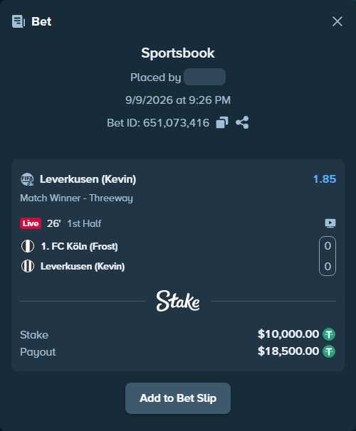 Bet slip: 1. FC Köln (Frost) - Leverkusen (Kevin), $10,000.00 stake at 1.85 odds, placed by Josecarmelo