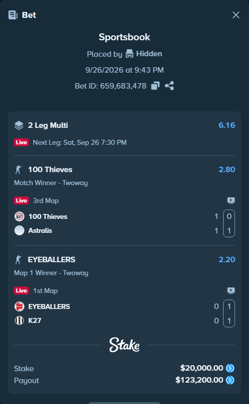 Bet slip: 100 Thieves - Astralis, $20,000.00 stake at 2.80 odds, placed by Hidden