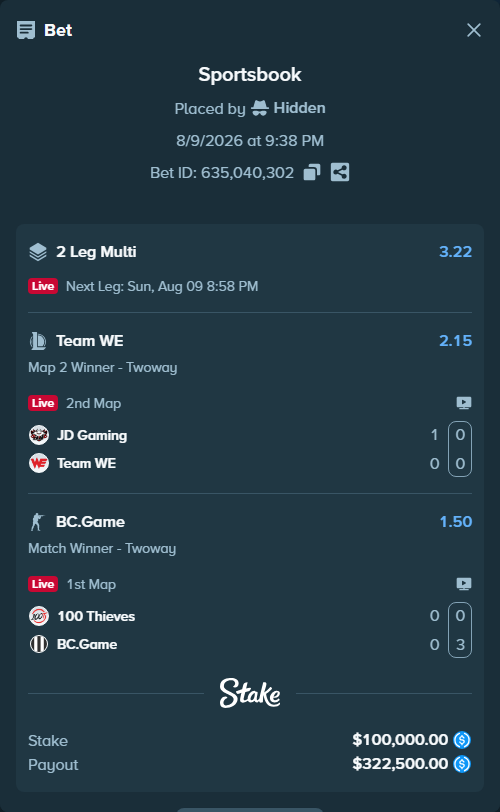 Bet slip: 100 Thieves - BC.Game, $100,000.00 stake at 1.50 odds, placed by Hidden