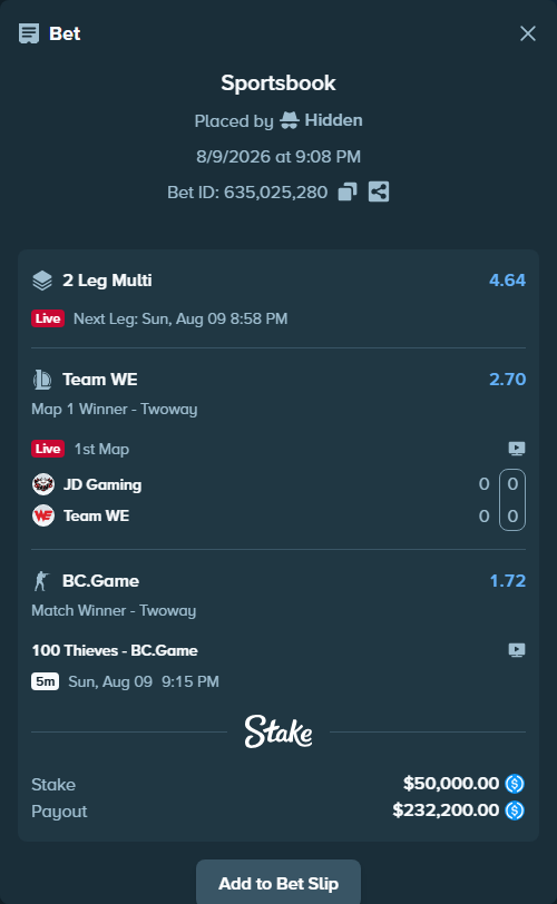 Bet slip: 100 Thieves - BC.Game, $50,000.00 stake at 1.72 odds, placed by Hidden