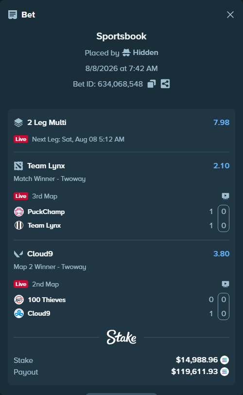 Bet slip: 100 Thieves - Cloud9, $15,210.28 stake at 3.80 odds, placed by Hidden