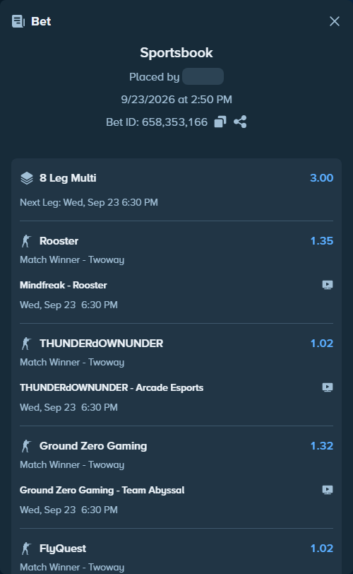 Bet slip: 100 Thieves - EA Copenhagen, $16,784.85 stake at 1.17 odds, placed by Mabruch