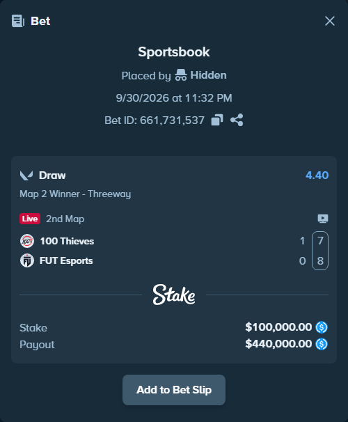 Bet slip: 100 Thieves - FUT Esports, $100,000.00 stake at 4.40 odds, placed by Hidden