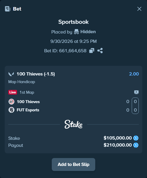 Bet slip: 100 Thieves - FUT Esports, $105,000.00 stake at 2.00 odds, placed by Hidden