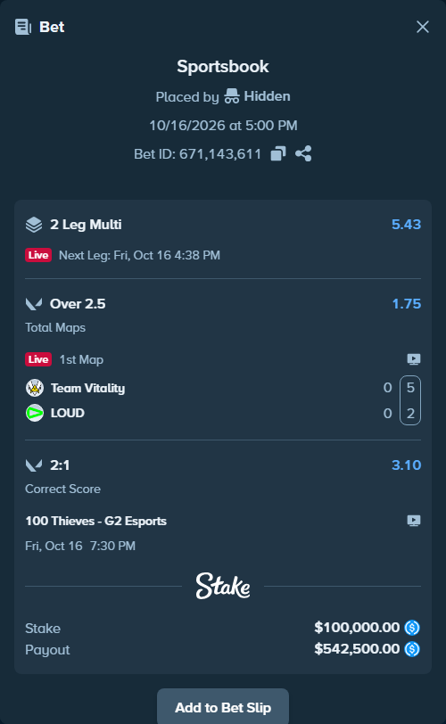 Bet slip: 100 Thieves - G2 Esports, $100,000.00 stake at 3.10 odds, placed by Hidden