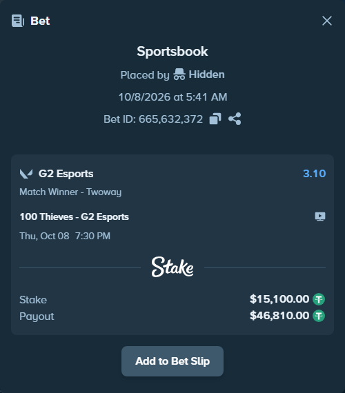 Bet slip: 100 Thieves - G2 Esports, $15,098.49 stake at 3.10 odds, placed by Håvardlied2004