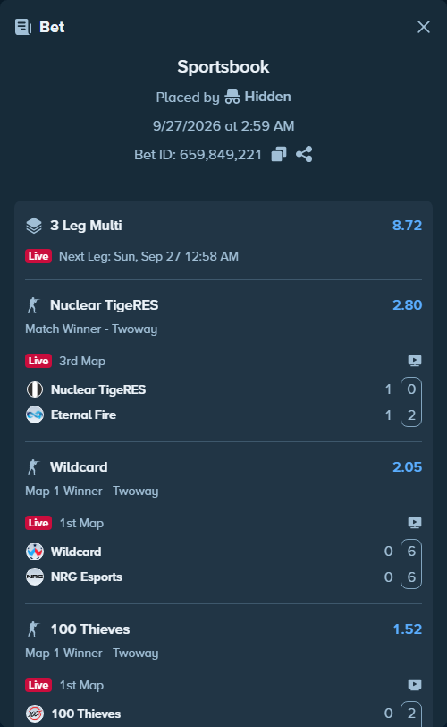 Bet slip: 100 Thieves - Heroic, $10,000.00 stake at 1.52 odds, placed by Hidden