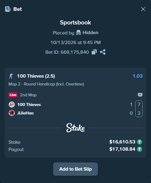 Bet slip: 100 Thieves - JiJieHao, $16,627.14 stake at 1.03 odds, placed by Hidden