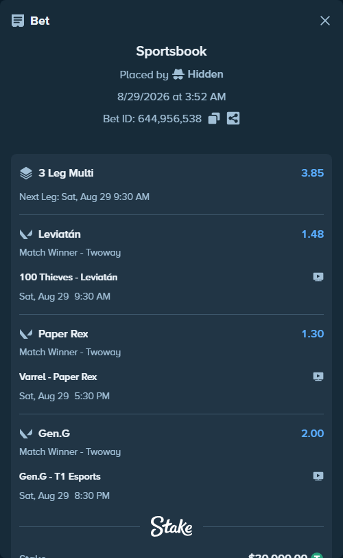 Bet slip: 100 Thieves - Leviatán, $30,000.00 stake at 1.48 odds, placed by Hidden