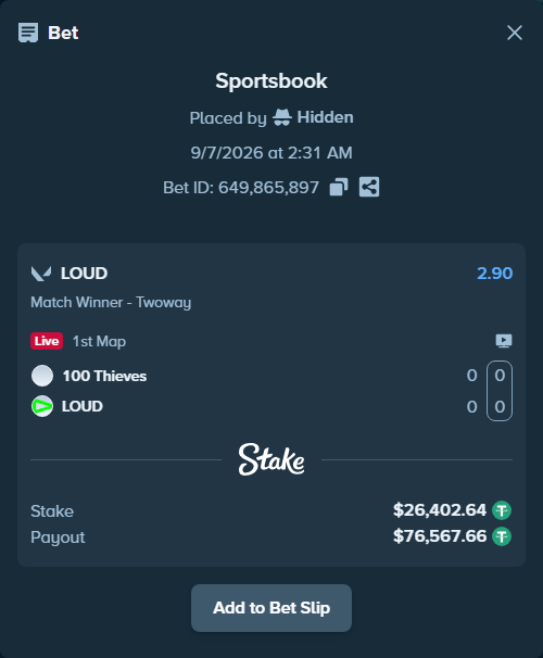 Bet slip: 100 Thieves - LOUD, $26,400.00 stake at 2.90 odds, placed by Hidden