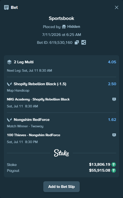 Bet slip: 100 Thieves - Nongshim RedForce, $13,820.00 stake at 1.62 odds, placed by Hidden