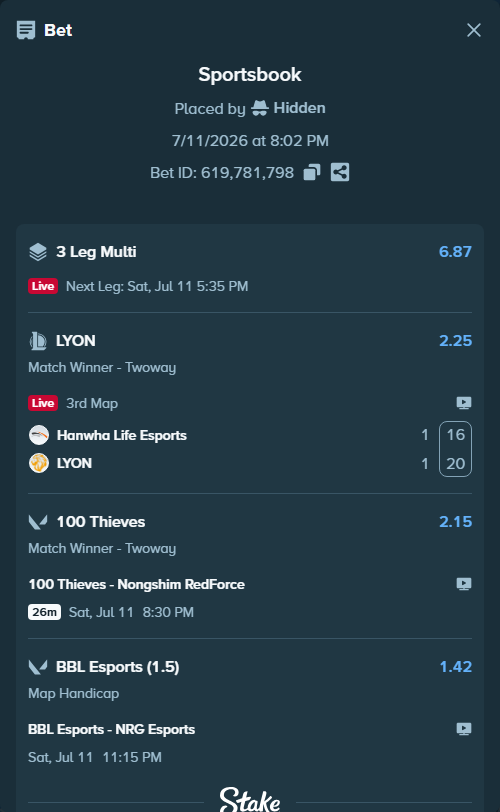 Bet slip: 100 Thieves - Nongshim RedForce, $21,875.31 stake at 2.15 odds, placed by Hidden