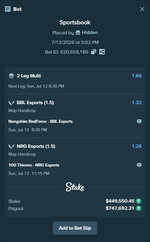 Bet slip: 100 Thieves - NRG Esports, $450,000.00 stake at 1.26 odds, placed by Hidden