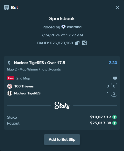 Bet slip: 100 Thieves - Nuclear TigeRES, $10,888.00 stake at 2.30 odds, placed by oxorona