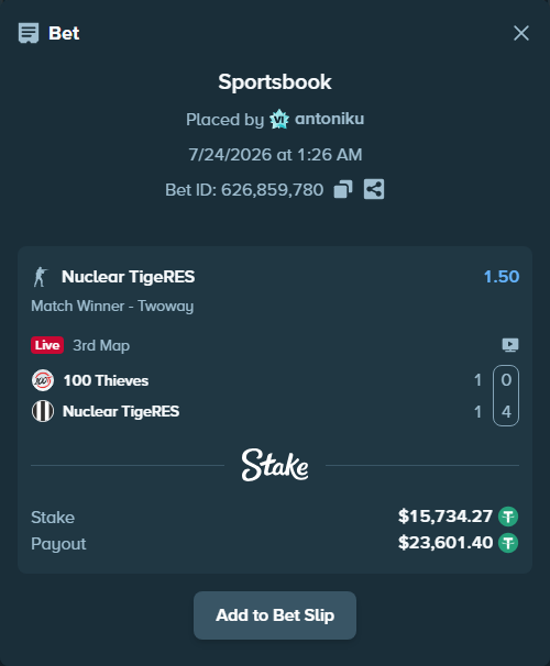 Bet slip: 100 Thieves - Nuclear TigeRES, $15,750.00 stake at 1.50 odds, placed by antoniku