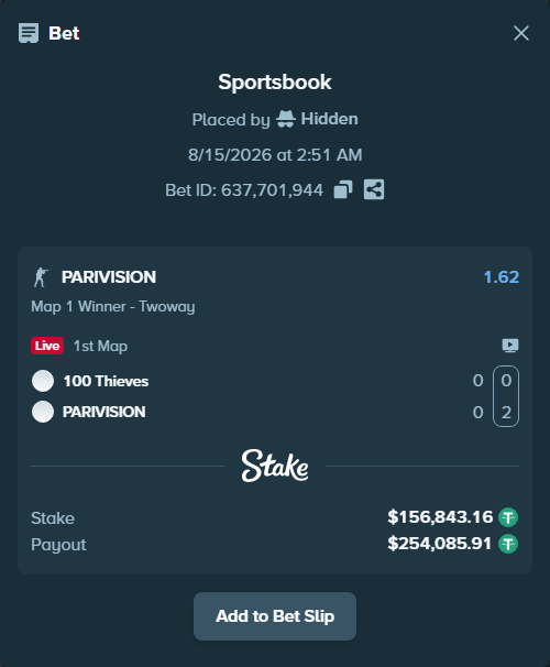 Bet slip: 100 Thieves - PARIVISION, $157,000.00 stake at 1.62 odds, placed by GoldenKot