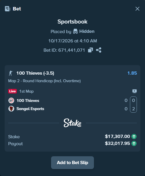 Bet slip: 100 Thieves - Sangal Esports, $17,324.31 stake at 1.85 odds, placed by haroldfinchh