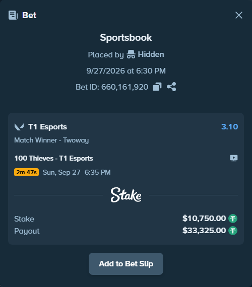Bet slip: 100 Thieves - T1 Esports, $10,750.00 stake at 3.10 odds, placed by mi6a1