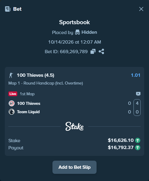 Bet slip: 100 Thieves - Team Liquid, $16,642.73 stake at 1.01 odds, placed by Hidden