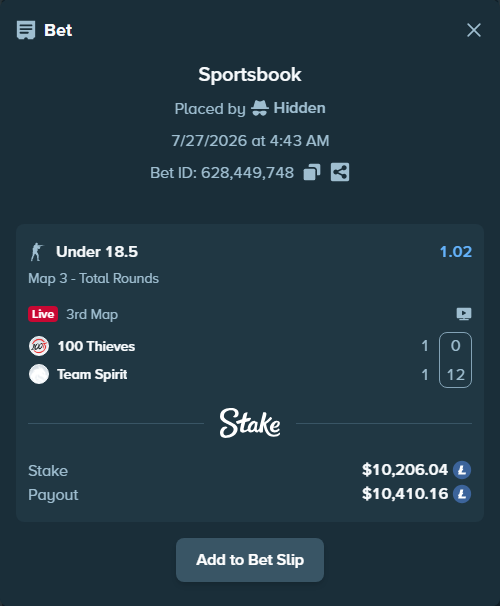 Bet slip: 100 Thieves - Team Spirit, $9,678.72 stake at 1.02 odds, placed by Hidden