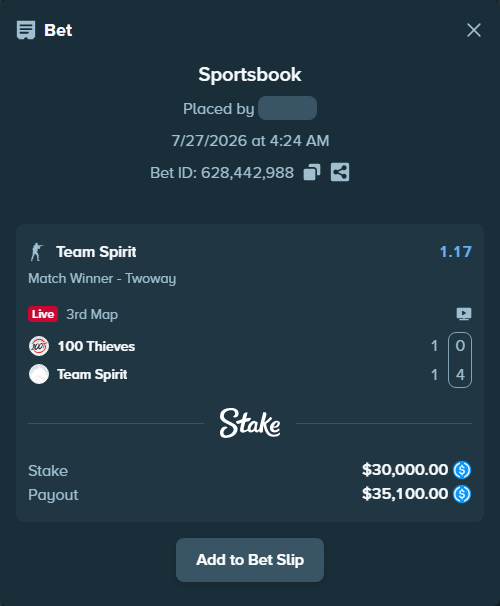 Bet slip: 100 Thieves - Team Spirit, $30,000.00 stake at 1.17 odds, placed by kievpanda