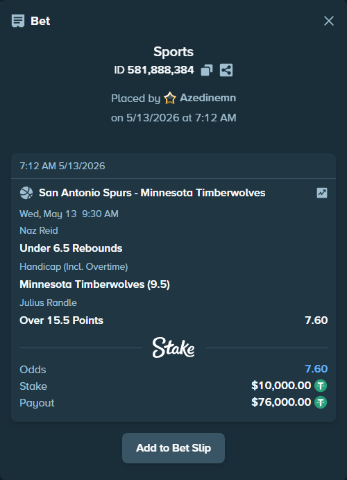 Bet slip: , $10,000.00 stake at 2.53 odds, placed by Azedinemn