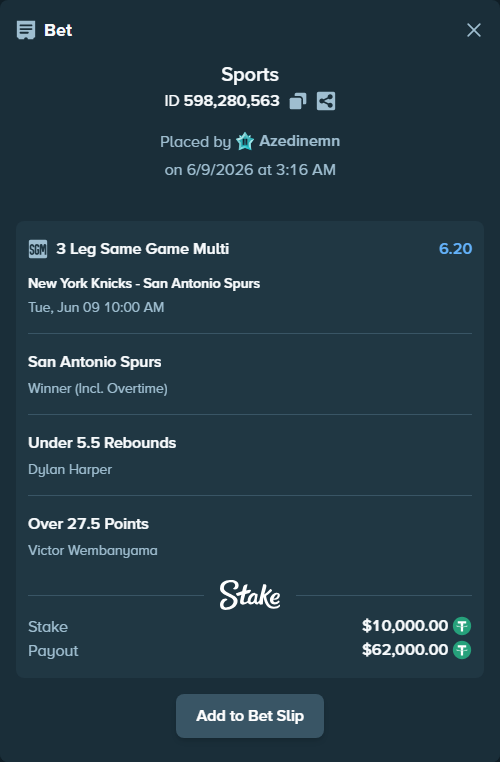 Bet slip: , $10,000.00 stake at 2.07 odds, placed by Azedinemn