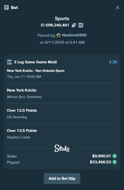 Bet slip: , $10,000.00 stake at 1.12 odds, placed by Neelimah960
