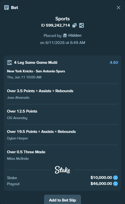 Bet slip: , $10,000.00 stake at 1.15 odds, placed by Hidden
