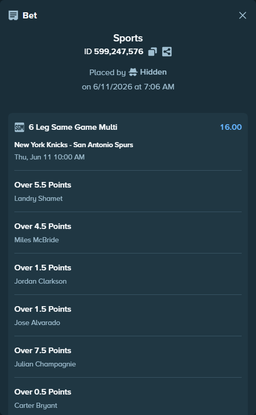 Bet slip: , $10,000.00 stake at 2.67 odds, placed by Hidden