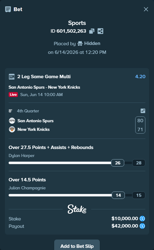 Bet slip: , $10,000.00 stake, placed by Hidden