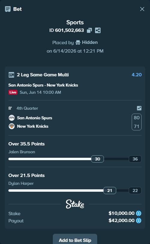 Bet slip: , $10,000.00 stake at 2.10 odds, placed by Hidden