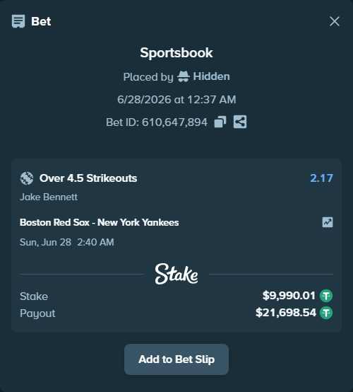 Bet slip: , $10,000.00 stake at 2.17 odds, placed by Hidden