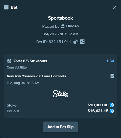 Bet slip: , $10,000.00 stake at 1.64 odds, placed by Hidden