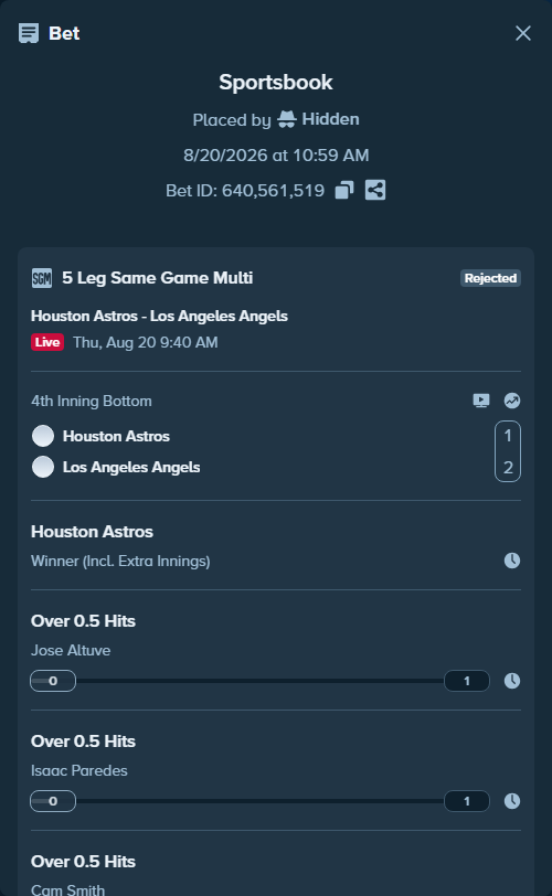 Bet slip: , $10,000.00 stake, placed by Hidden