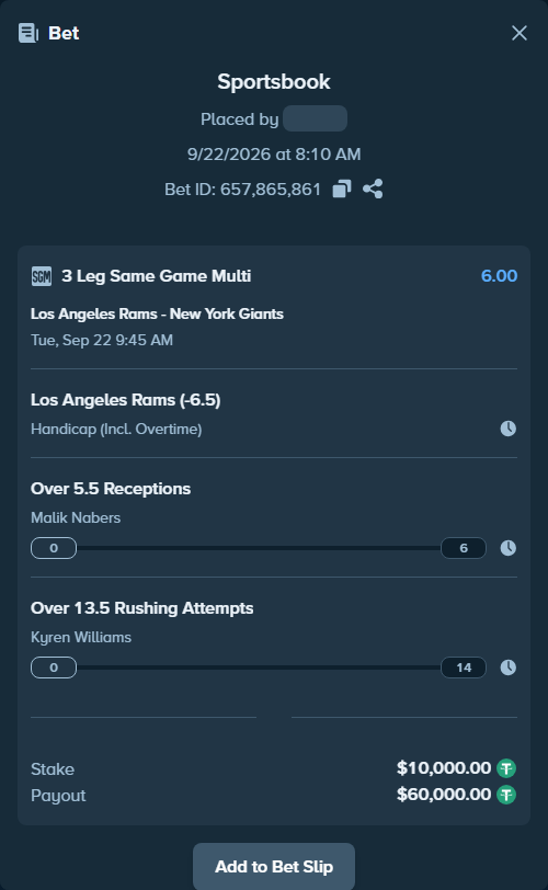 Bet slip: , $10,000.00 stake at 2.00 odds, placed by WIZCAPA