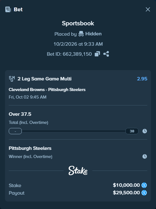 Bet slip: , $10,000.00 stake at 1.48 odds, placed by Kazlic