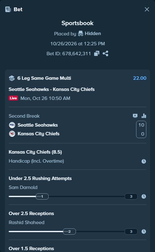 Bet slip: , $10,000.00 stake, placed by Hidden