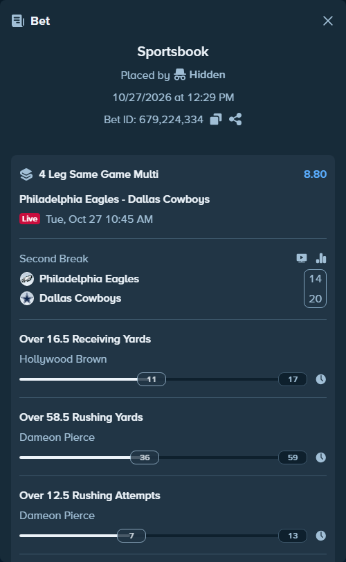 Bet slip: , $10,000.00 stake at 2.20 odds, placed by Hidden
