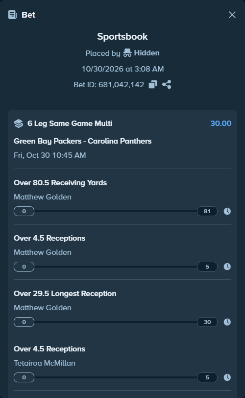 Bet slip: , $10,000.00 stake at 5.00 odds, placed by Hidden