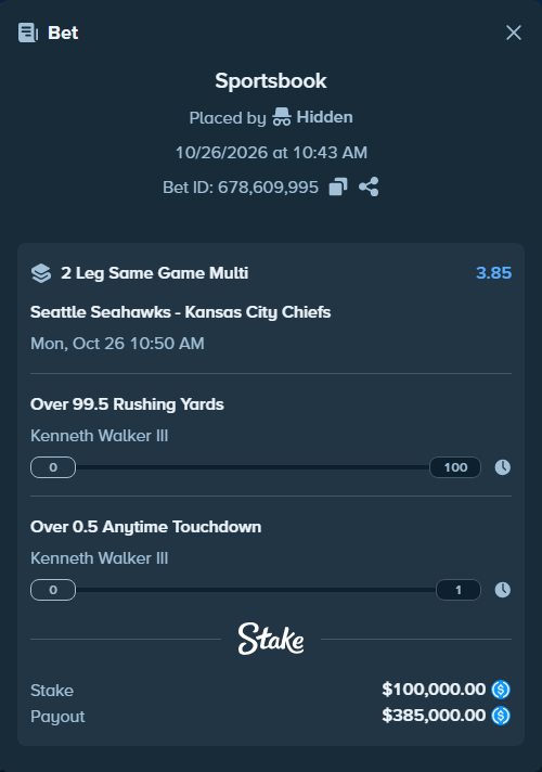 Bet slip: , $100,000.00 stake at 1.93 odds, placed by Hidden