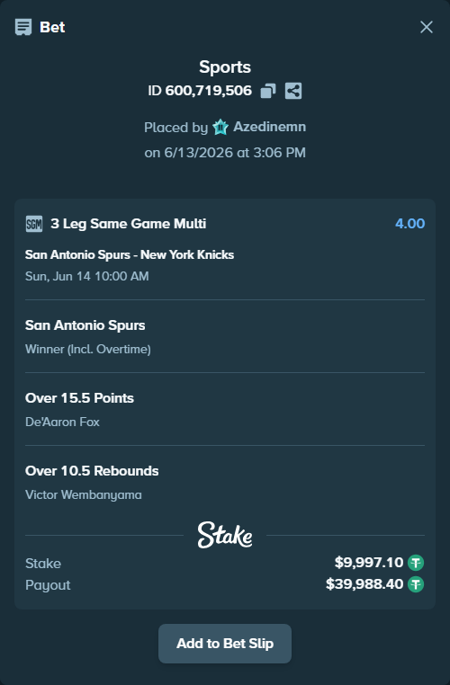 Bet slip: , $10,007.10 stake at 1.33 odds, placed by Azedinemn