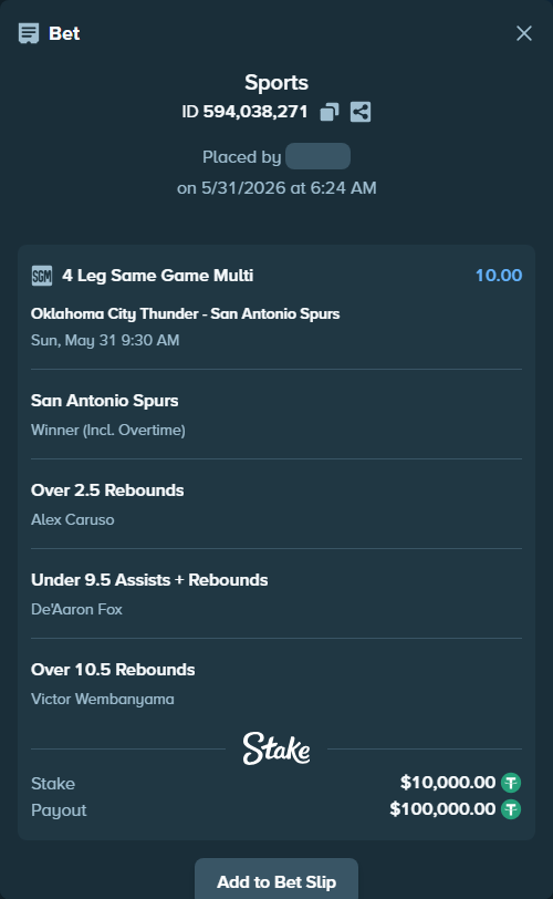 Bet slip: , $10,010.00 stake at 2.50 odds, placed by Azedinemn