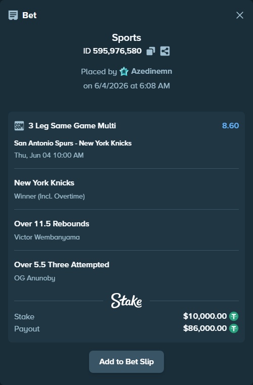 Bet slip: , $10,010.00 stake at 2.87 odds, placed by Azedinemn