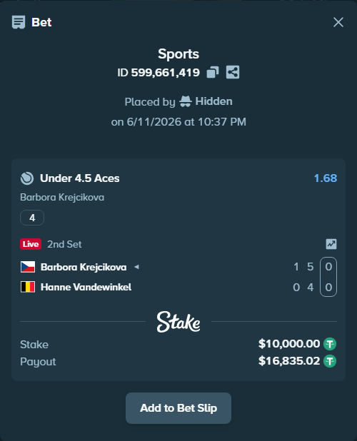 Bet slip: , $10,010.00 stake at 1.68 odds, placed by Hidden