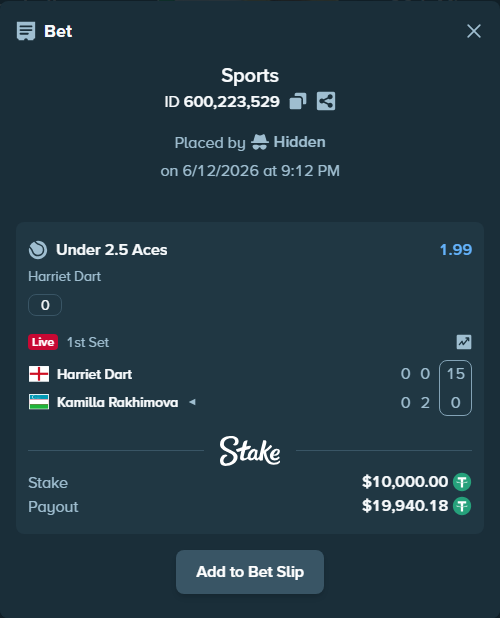 Bet slip: , $10,010.00 stake at 1.99 odds, placed by Hidden
