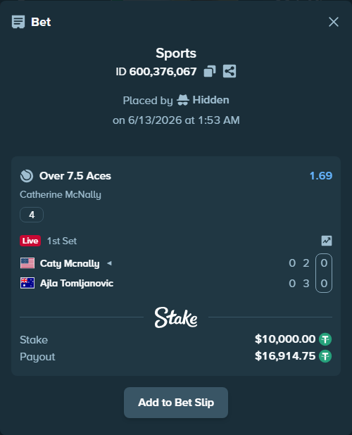 Bet slip: , $10,010.00 stake at 1.69 odds, placed by Hidden