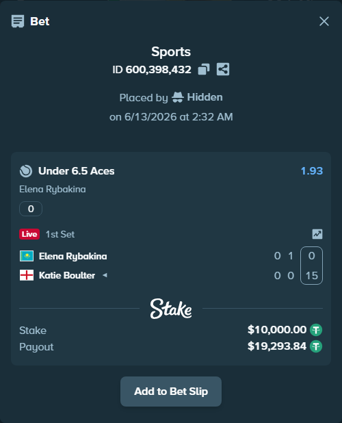 Bet slip: , $10,010.00 stake at 1.93 odds, placed by Hidden
