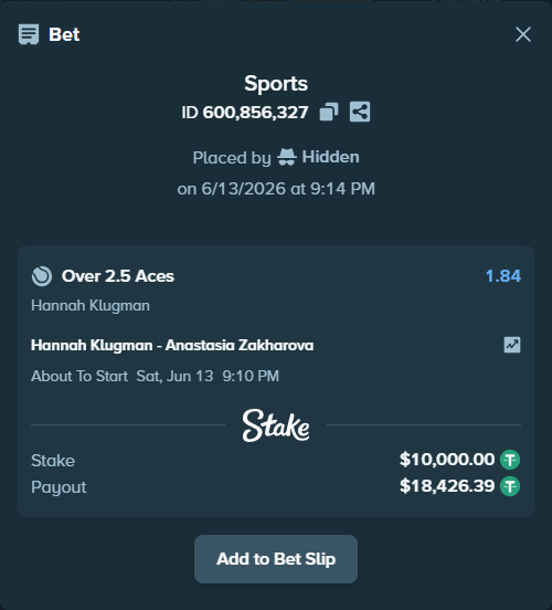 Bet slip: , $10,010.00 stake at 1.84 odds, placed by Hidden