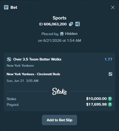 Bet slip: , $10,010.00 stake at 1.77 odds, placed by Hidden